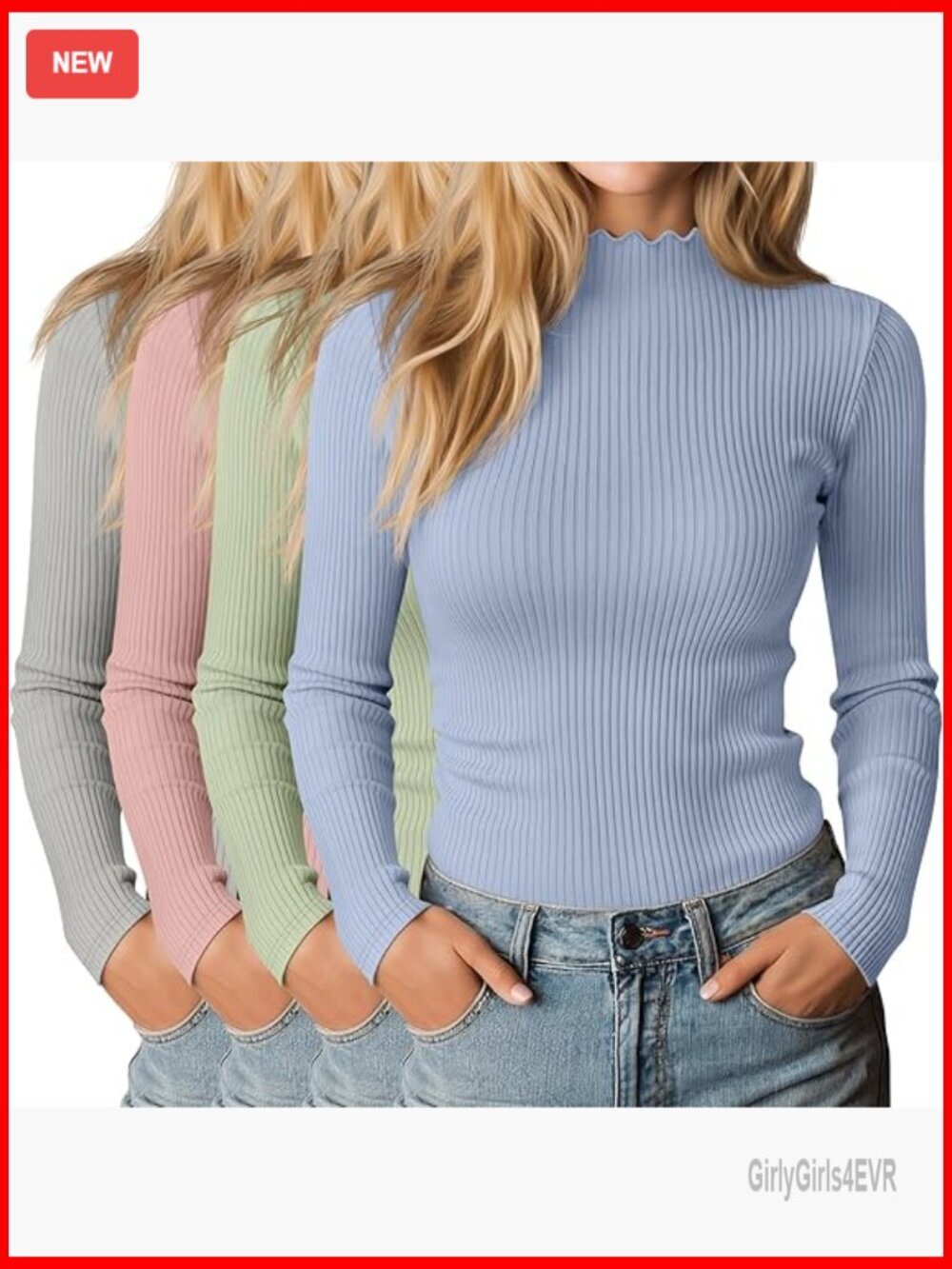 4 Pack Mock Turtleneck Long Sleeve Tops Ribbed Lettuce Trim Slim Fit Thermal